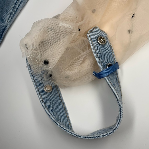 Denim Dress with Mesh See through Sleeves V neck Denim Dress - Picture 4 of 14